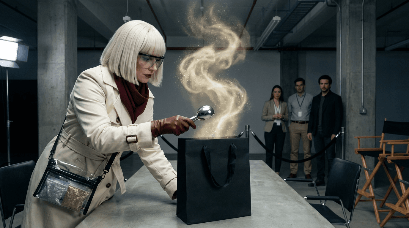 Gilda Glint examines a glowing luxury gift bag while fictional publicists wait for an apology draft to emerge.