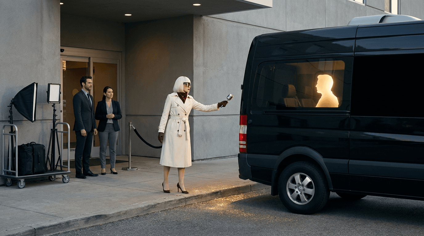Gilda Glint questions a glowing half-profile in a separate van while a fictional actor waits near a hotel press entrance.