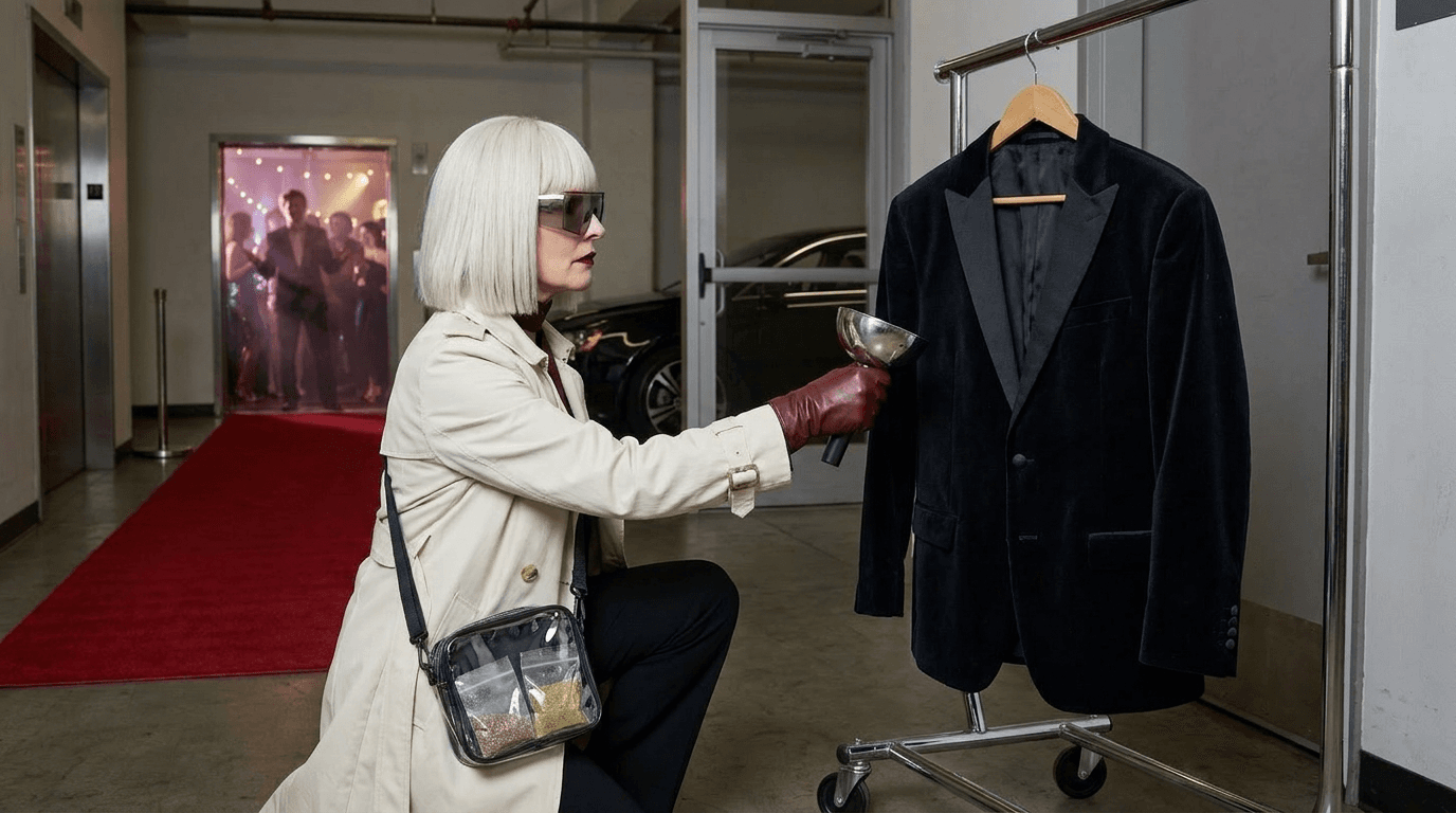 Gilda Glint interviews an empty velvet jacket on a hanger while a fictional actor remains inside an afterparty.