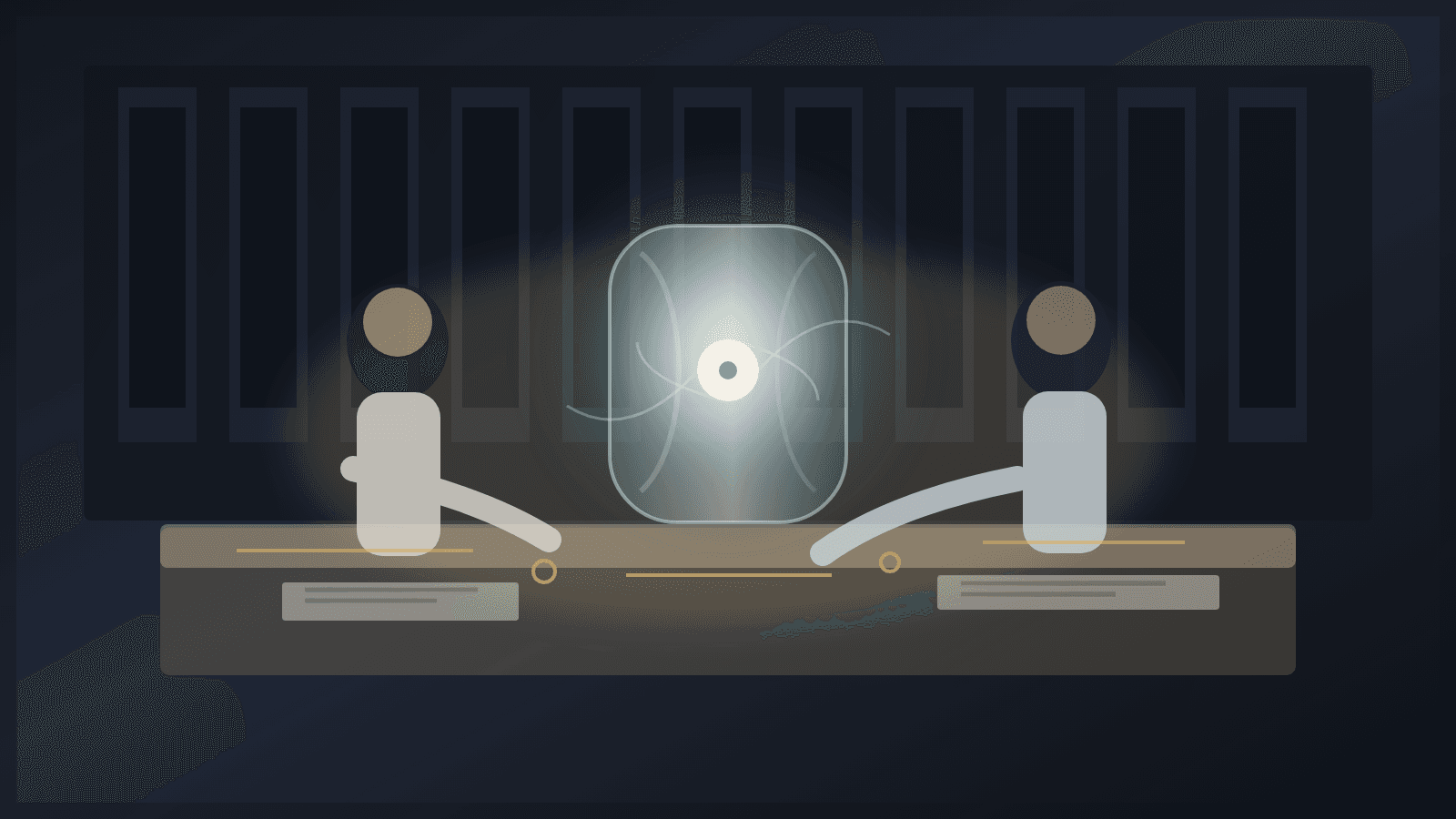 Researchers observe a glowing particle suspended inside a glass chamber in a dark laboratory.
