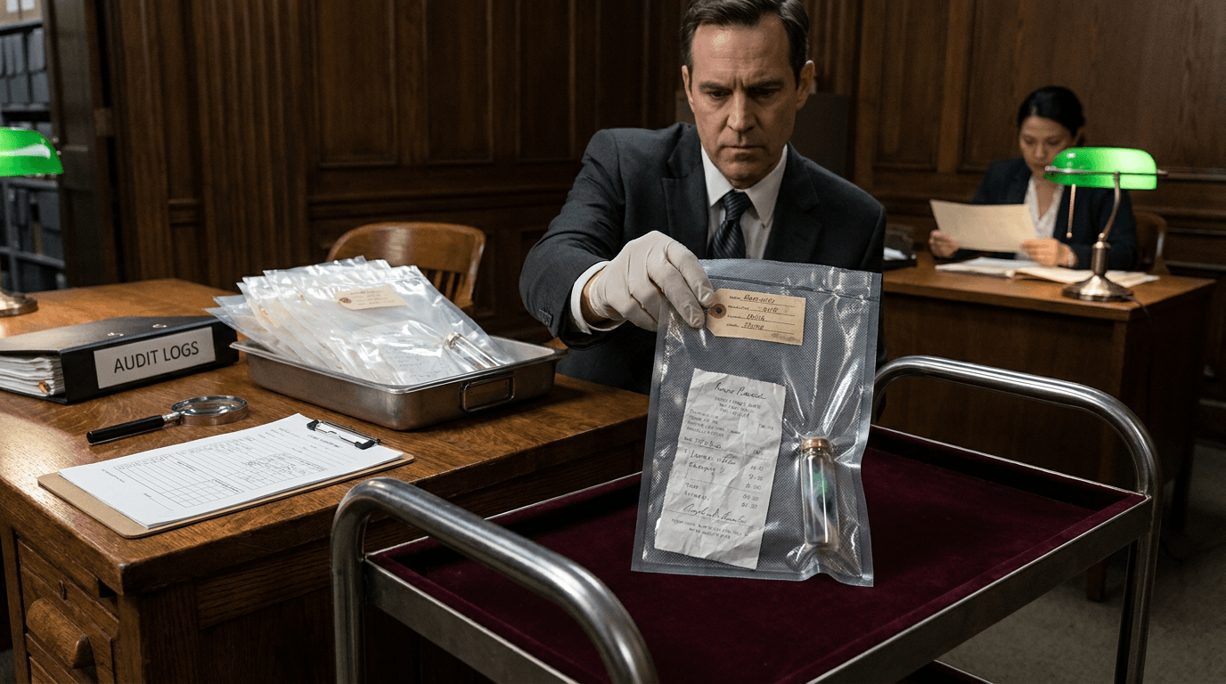 A banker places a sealed transparent box labeled by barcode into a safe deposit drawer.