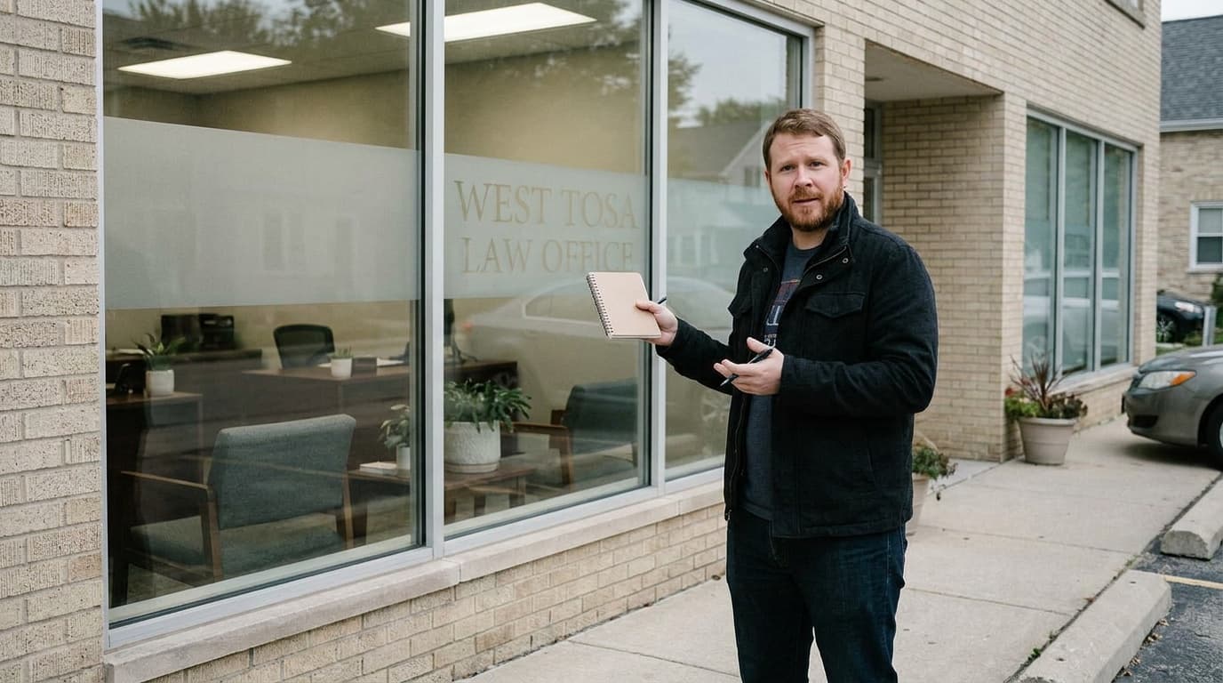 Sam observes a West Tosa law office from a polite distance while holding a small notebook.