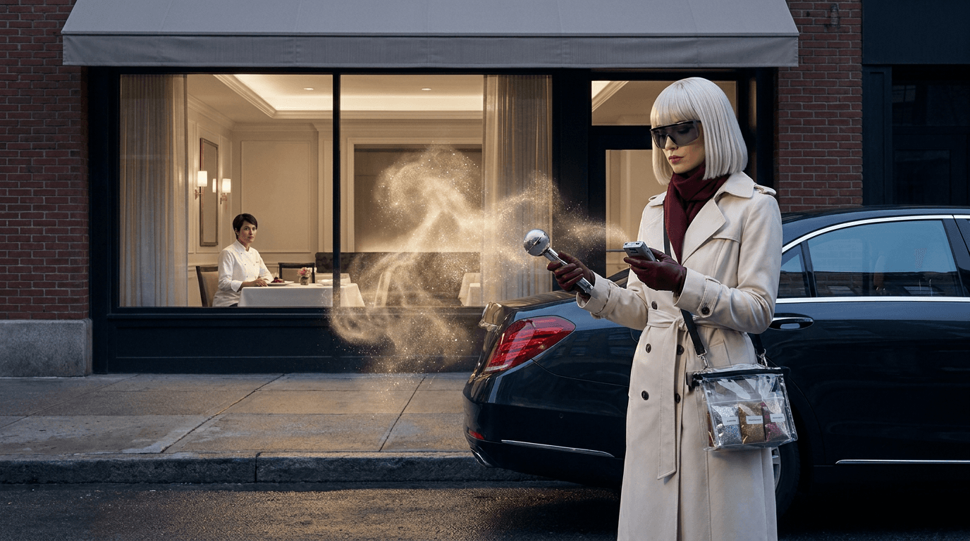 Gilda Glint samples a shimmer of perfume near a waiting car while a fictional celebrity chef sits inside a restaurant.