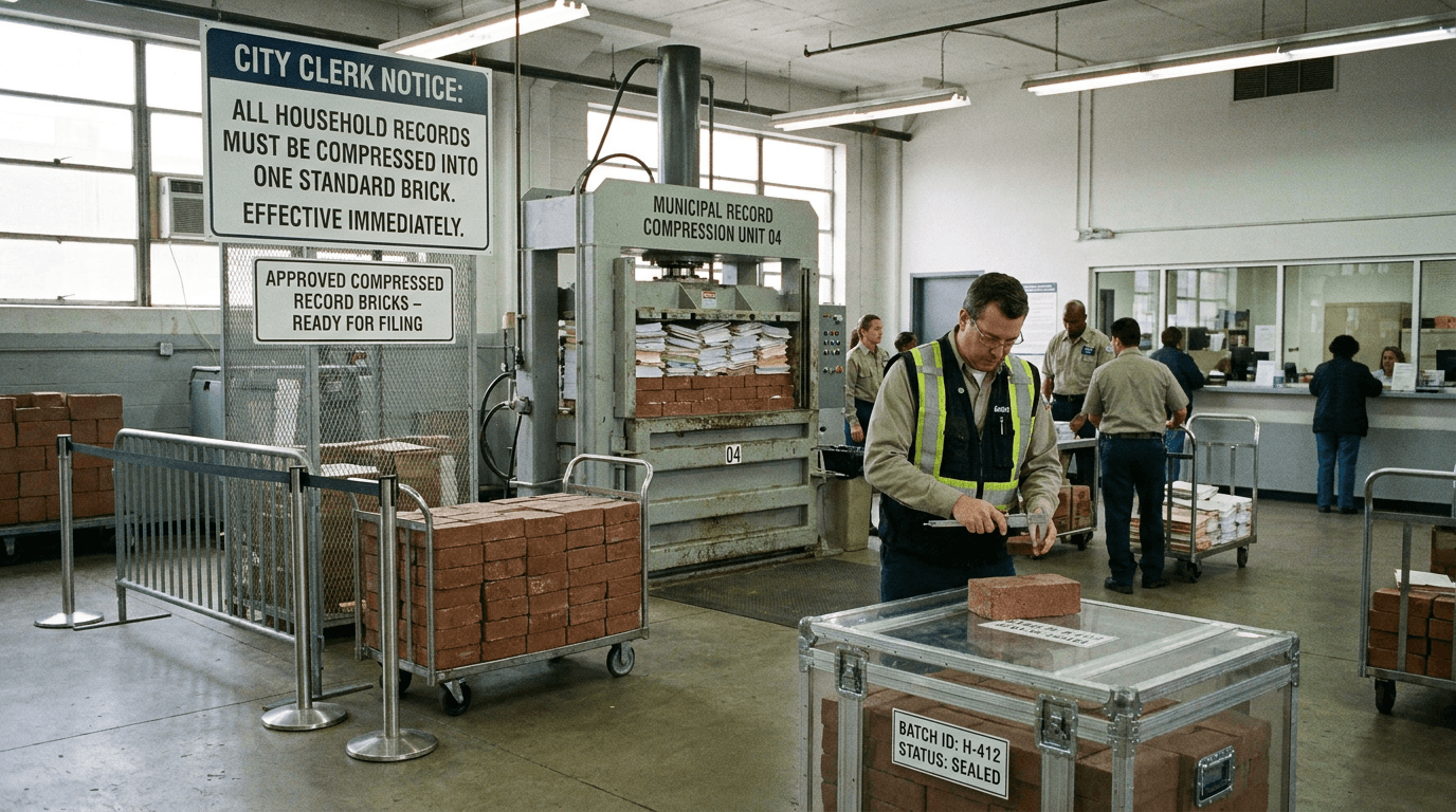 A city records office where clerks calmly shelve labeled bricks in filing cabinets beside paperwork trays.