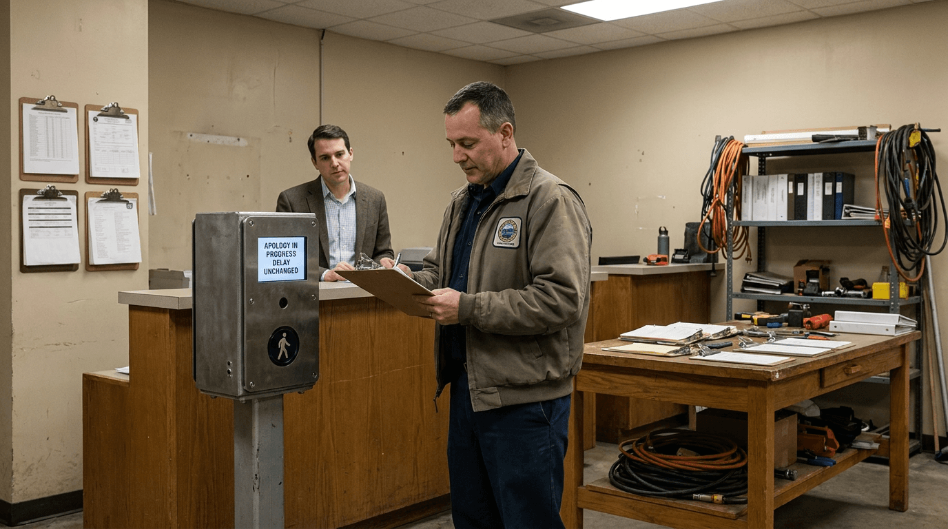 A pedestrian presses a metal crosswalk button while a small municipal speaker faces a busy intersection.