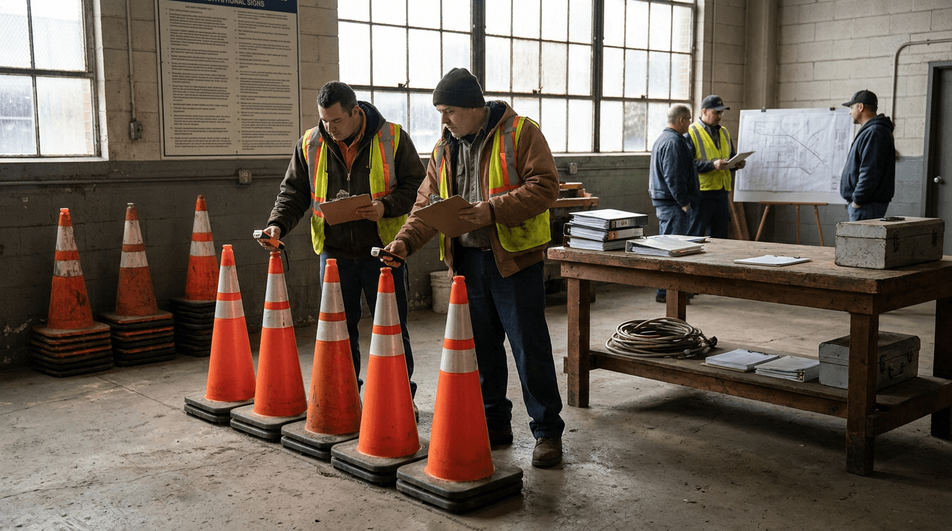 Rows of bright traffic cones stand in formation as public works staff inspect a lane closure.