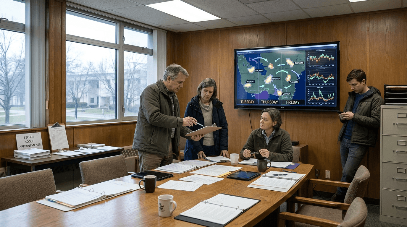 Climate scientists study a forecast map showing scattered weekday symbols across a region.