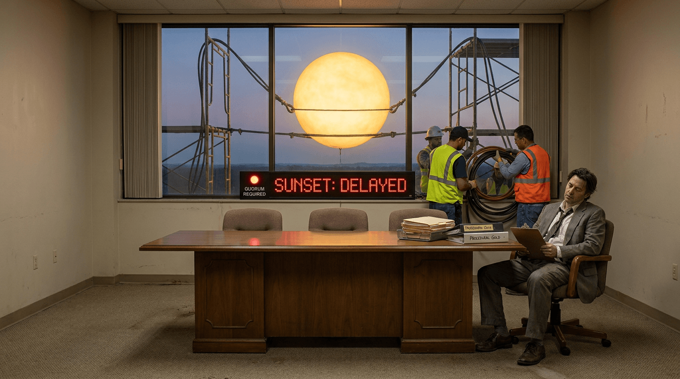 Committee members sit beneath a large window where the sun hangs low over an unfinished agenda.