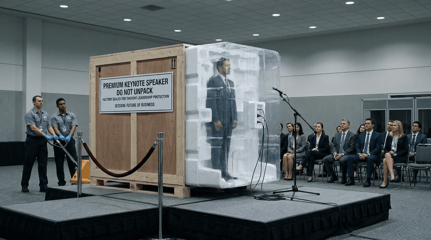 A keynote speaker stands at a podium encased in molded white packaging foam while executives take notes.