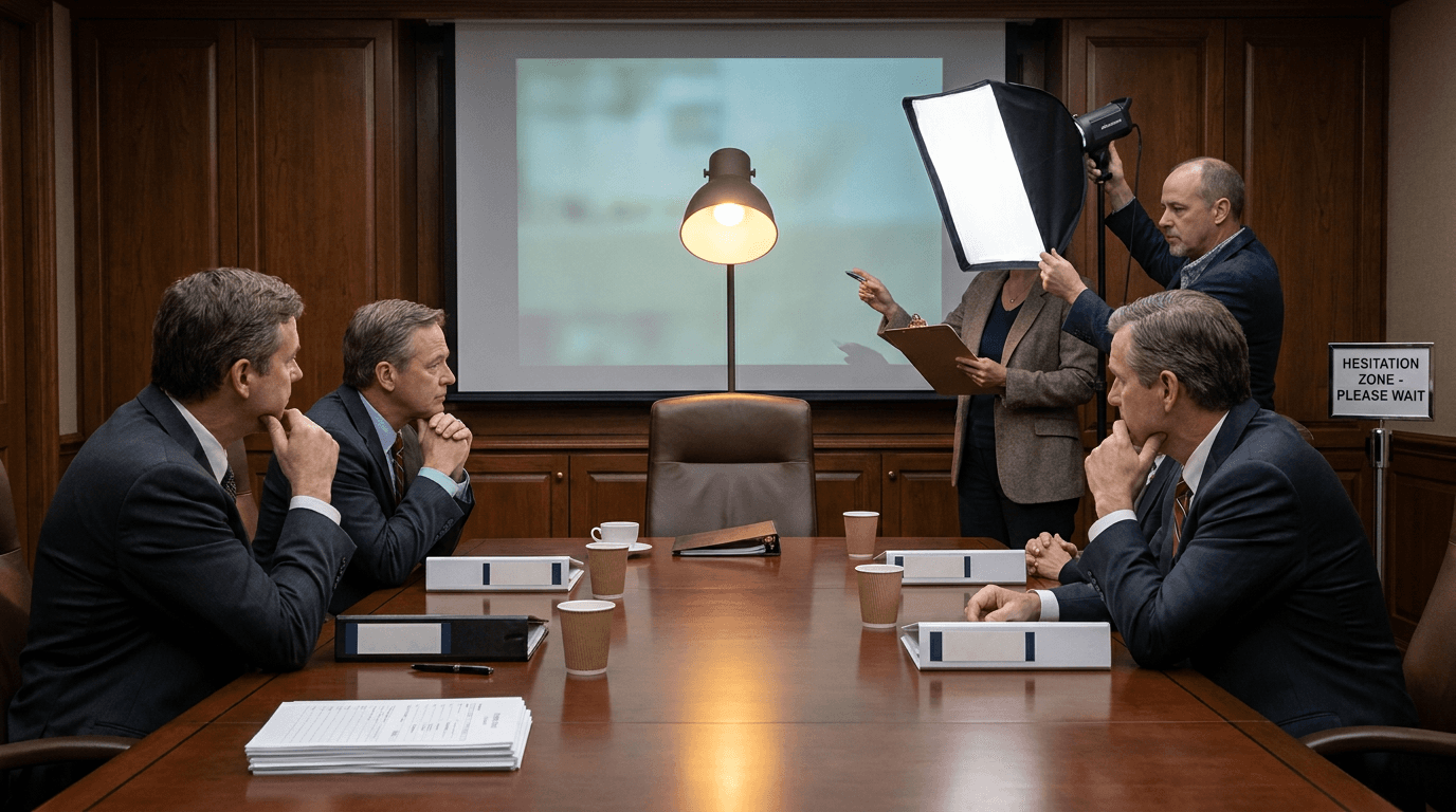 Consultants stand around a glowing conference table with strategy binders left unopened.