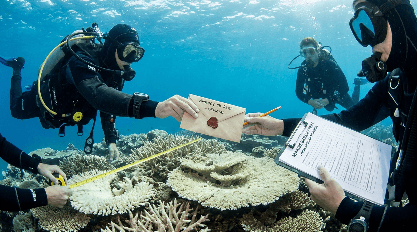 A diver hands a formal apology letter to a pale coral reef while researchers monitor clipboards underwater.