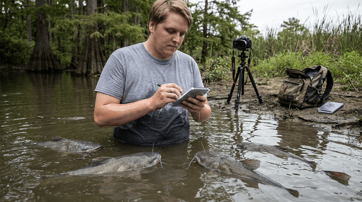Craig stands waist-deep in murky water with subtle catfish features while large catfish relatives gather calmly nearby.