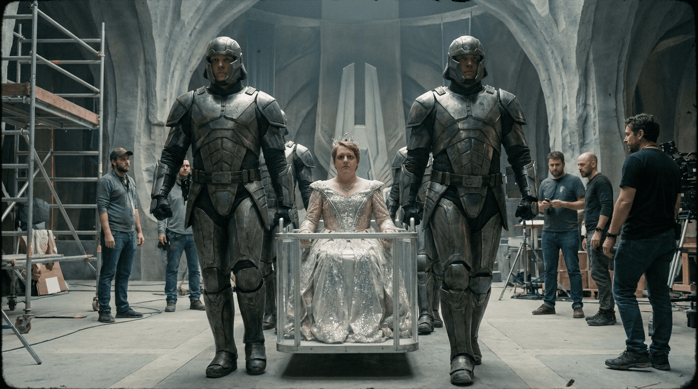 Craig appears as a tiny space princess in a miniature throne-room set while large science-fiction guards stand around him.