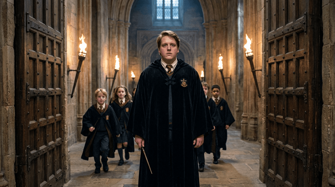Craig stands in wizard-school robes in a stone corridor while much younger students wait behind him.