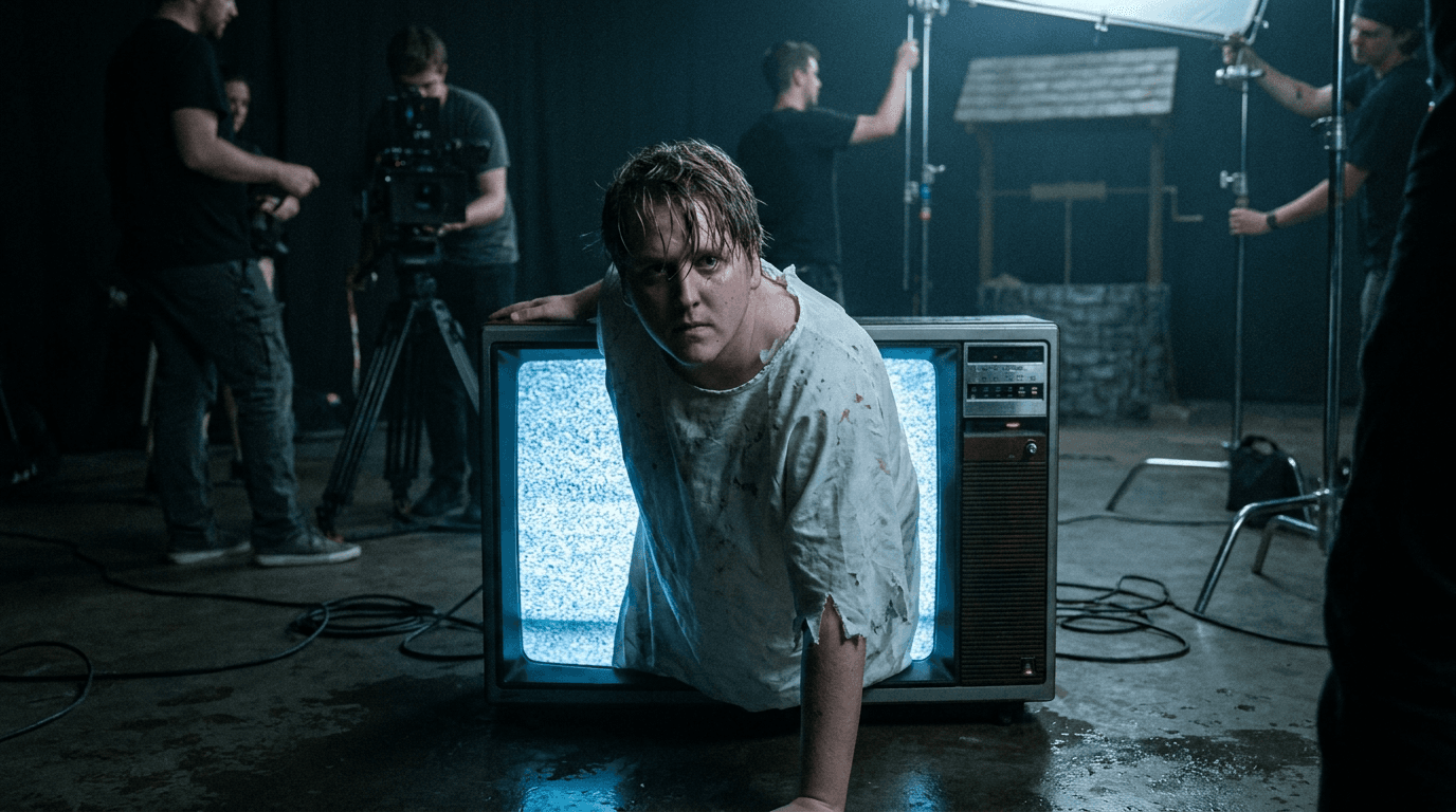 Craig crawls halfway out of a glowing television in a damp white horror costume while a film crew watches calmly.