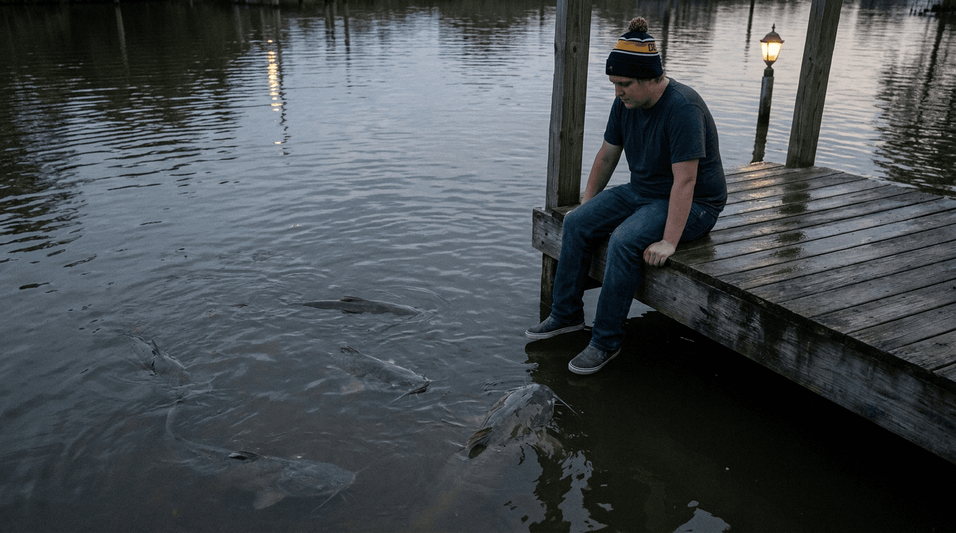 Craig stands at the edge of a quiet New Orleans dock while calm catfish relatives wait in the water below.