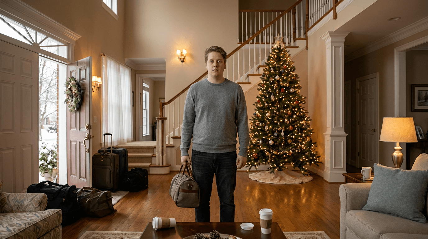 Craig stands alone in a large holiday house after the adults have left, with luggage and practical set details around him.