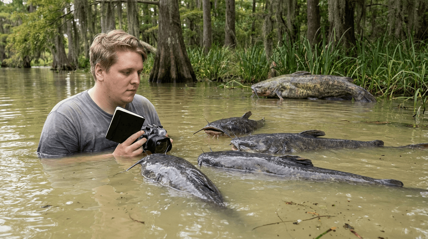 Craig kneels in murky water while several large catfish relatives surface near him and one remains deeper in the background.