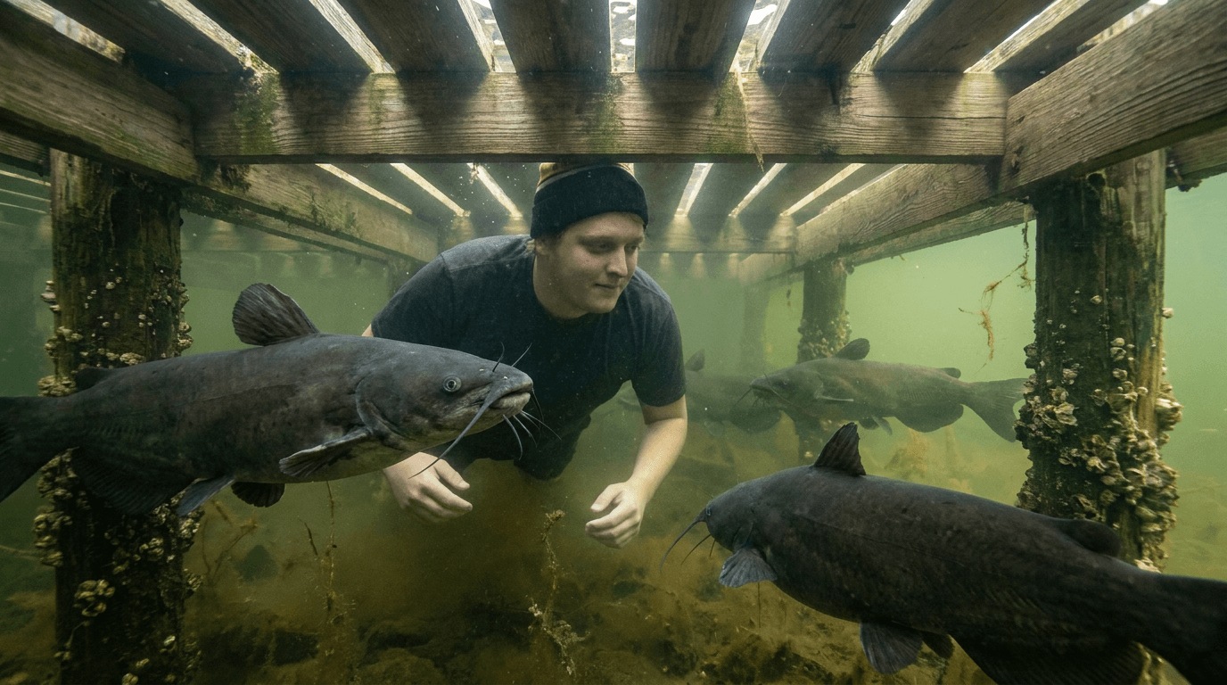 Craig swims under a low New Orleans dock while several large catfish relatives wait between the pilings.