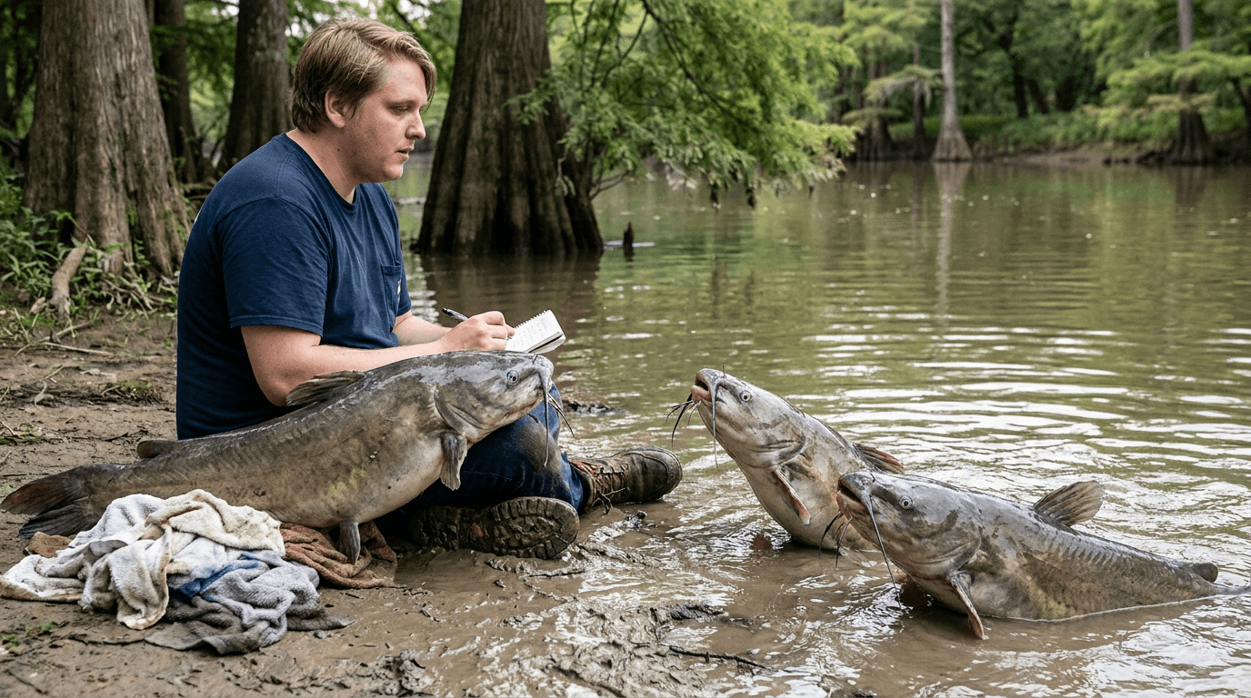 Craig sits on a muddy riverbank with towels and a notebook while several large catfish relatives visit him at the shore.