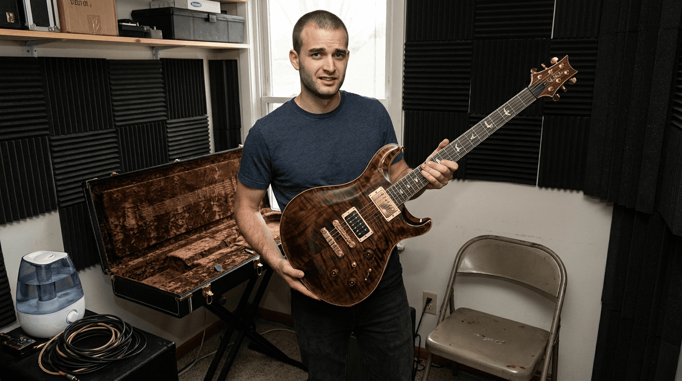 Doug awkwardly displays an unbranded luxury electric guitar in a small music room.