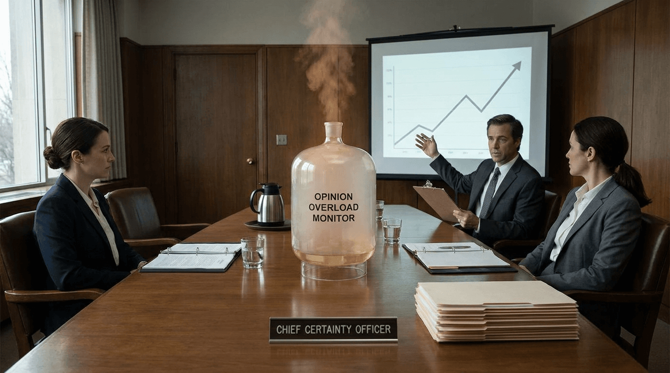 Economists study charts beside a break room table where cups of coffee sit under warning labels.