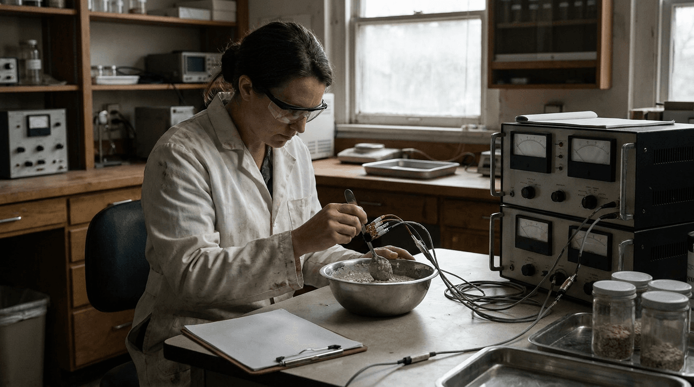 Engineers test a sensor-equipped spoon beside breakfast bowls and monitoring equipment.