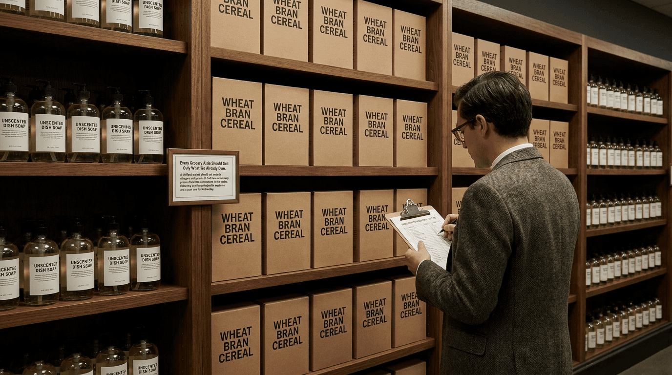 A shopper stands before a grocery shelf stocked only with exact duplicates of items from a labeled kitchen inventory.