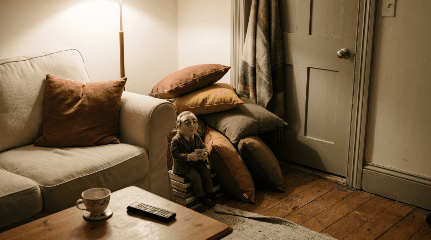 A sofa with throw pillows faces a closed basement door while a small felt correspondent sits nearby.