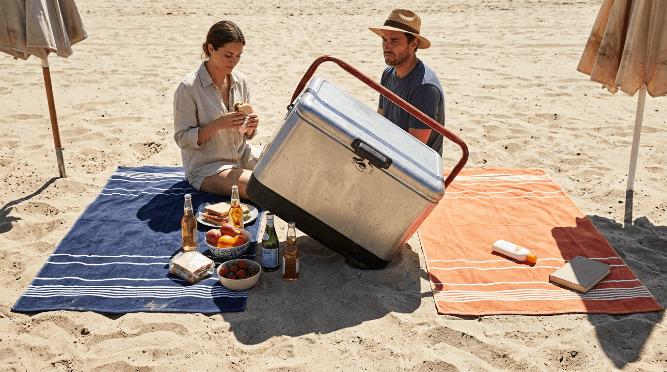 A beach cooler sits between two towels and umbrellas while snacks and drinks are arranged around it.