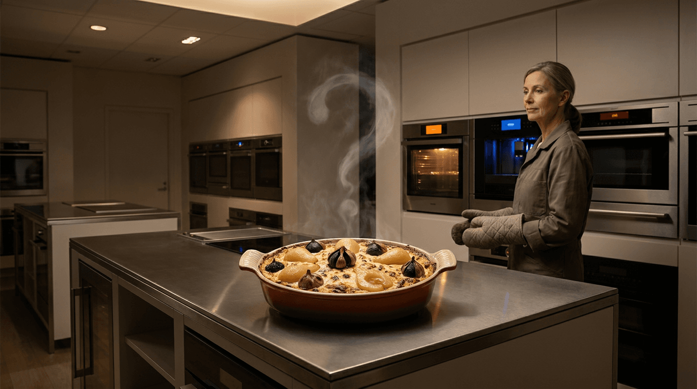 A bubbling pear and black garlic gratin sits in an appliance showroom while display ovens glow behind it.