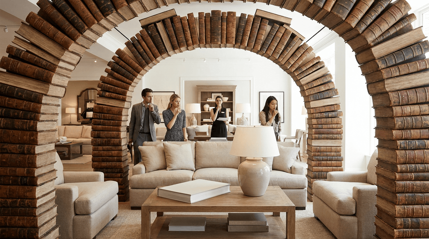 A refined coffee table holds oversized art books, a lamp, flowers, and guests speaking quietly nearby.