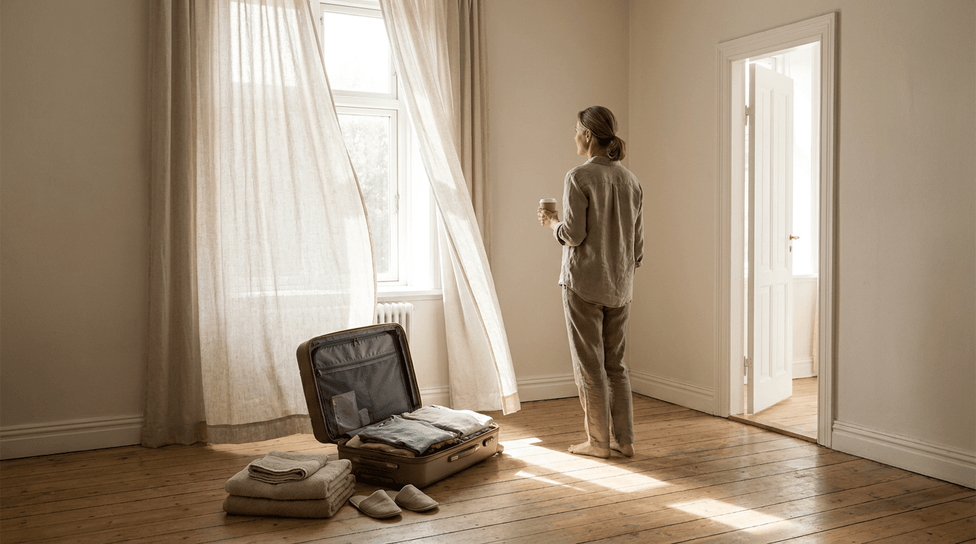 A bright guest room uses pale curtains, folded linens, luggage, and morning light to suggest departure.