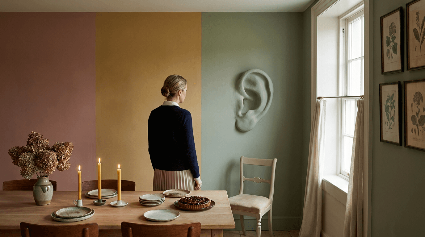 A dining room is painted in several muted colors while a table is set for a tense but elegant dinner.