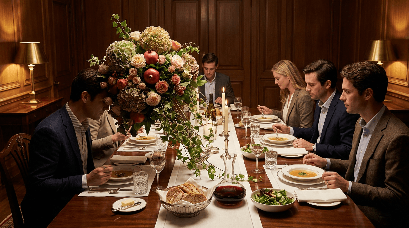 A dinner table centerpiece leans toward one place setting while guests remain politely composed.