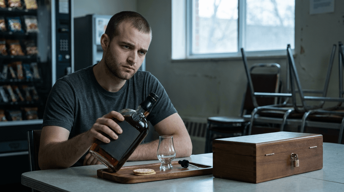 Doug holds an unbranded luxury whiskey bottle awkwardly beside a tasting table.