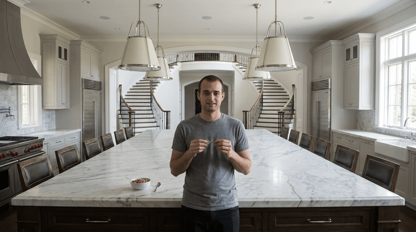 Doug stands awkwardly in a very large unbranded luxury kitchen holding a small house key.