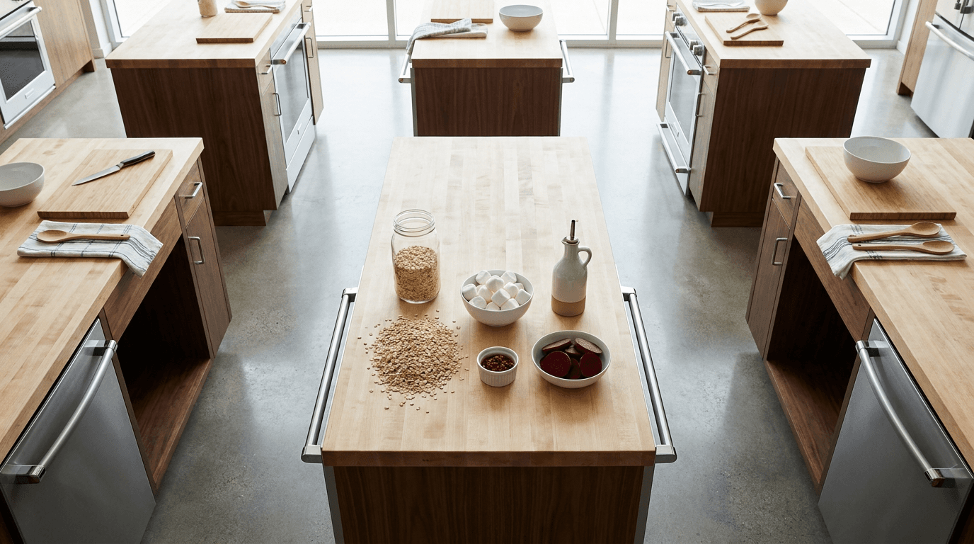 A pantry counter separates oats, vinegar, marshmallows, chili crisp, and canned beets into distinct zones.