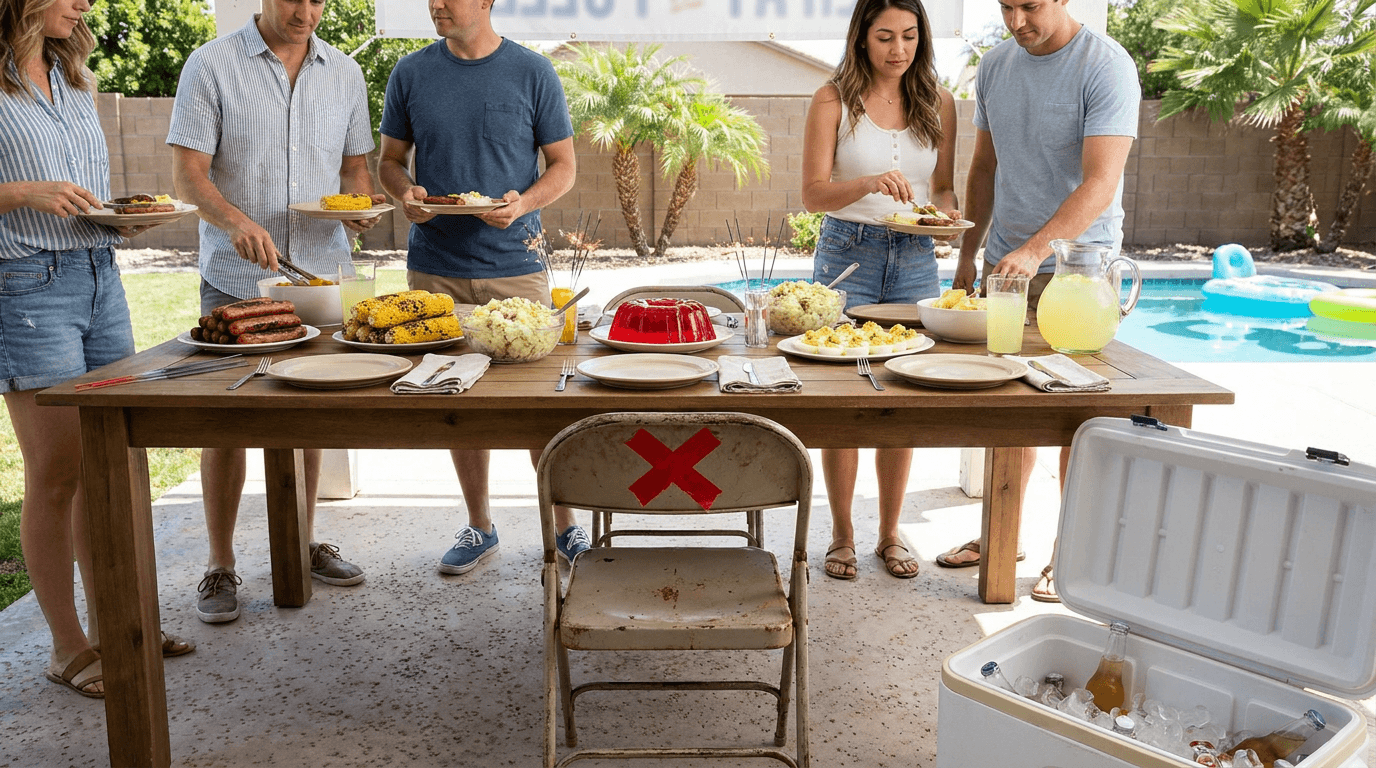 A bright Fourth of July backyard table leaves one folding chair empty beside grilled food, cold salads, and a cooler.