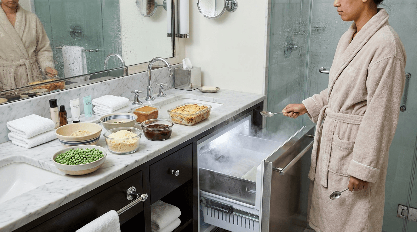 A freezer drawer and kitchen counter hold frozen vegetables, casseroles, and five practical dinners.