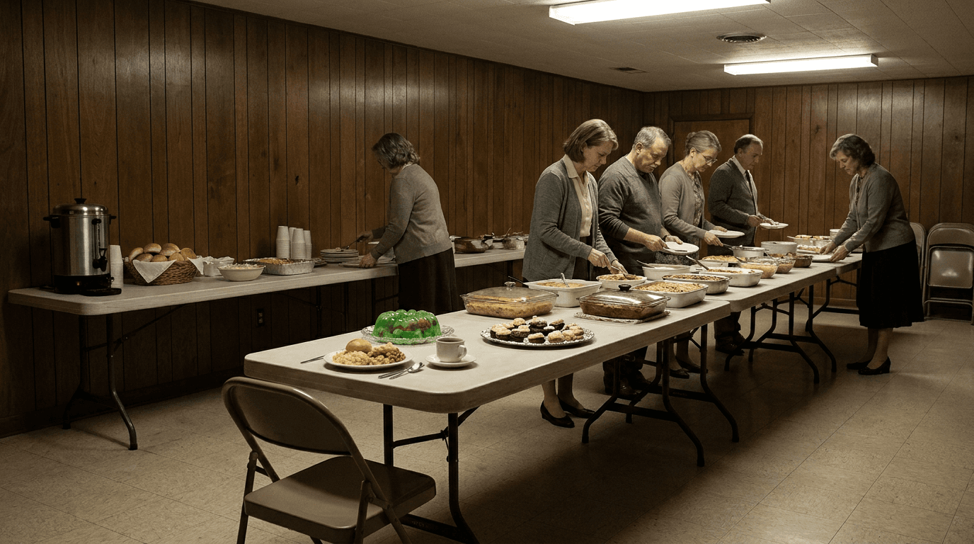 A church basement potluck table holds casseroles, desserts, coffee, flowers, and one empty folding chair.