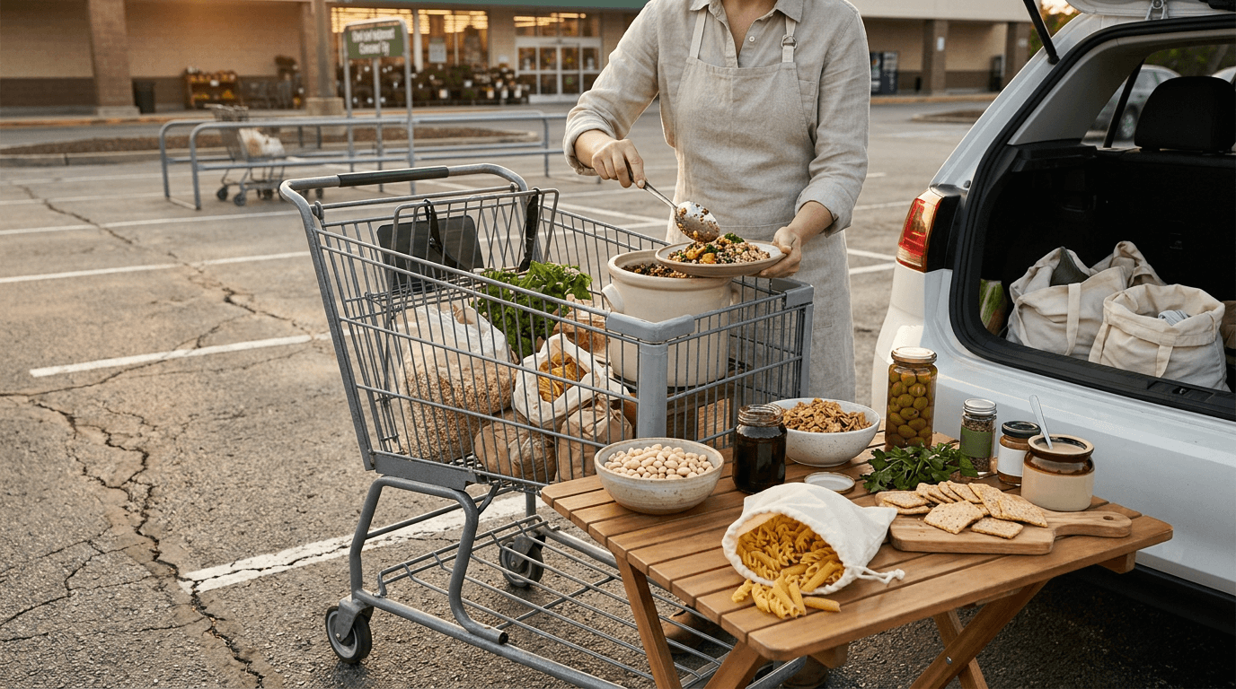 A supermarket parking-lot picnic turns pantry staples into dinner beside an open hatchback.