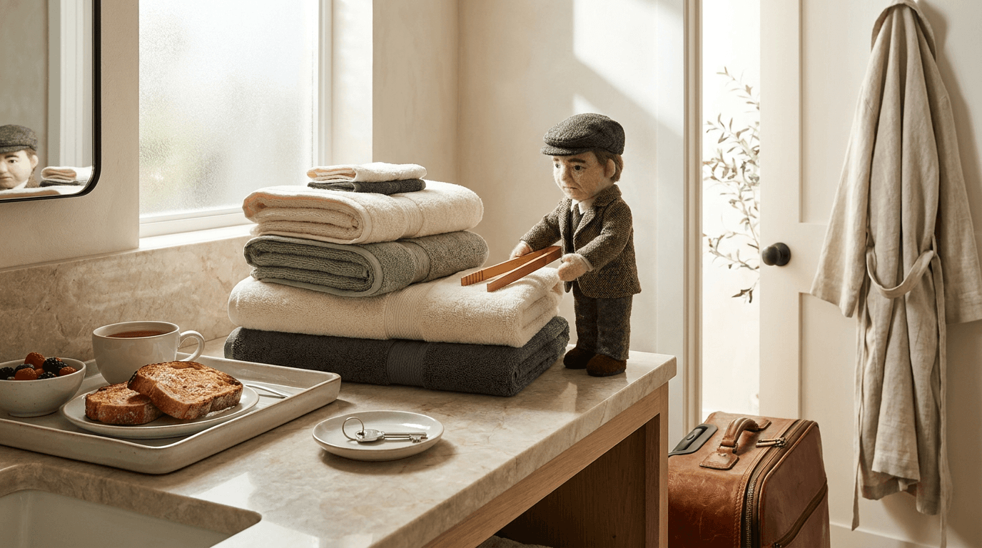 Guest towels are arranged in a bright bathroom beside a small untouched breakfast tray.