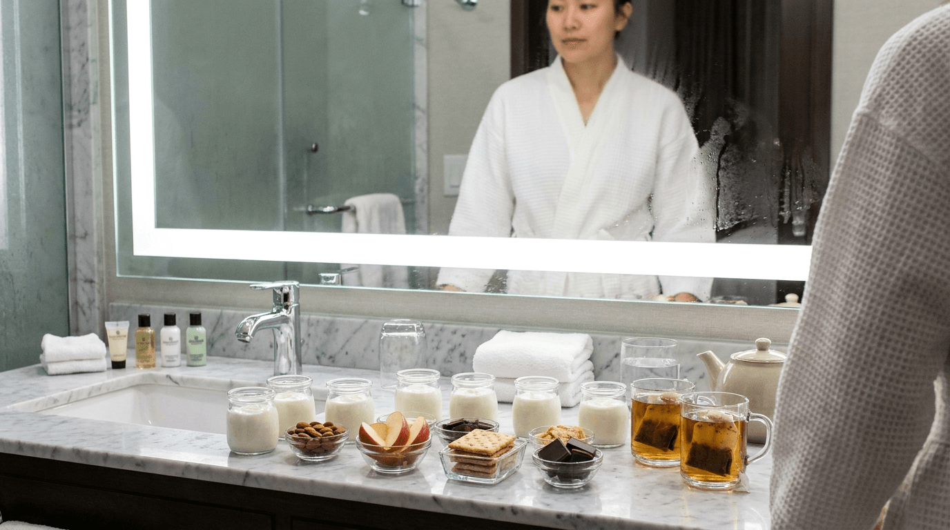 A wellness snack ritual is arranged on a hotel bathroom vanity with yogurt, almonds, tea, and towels.