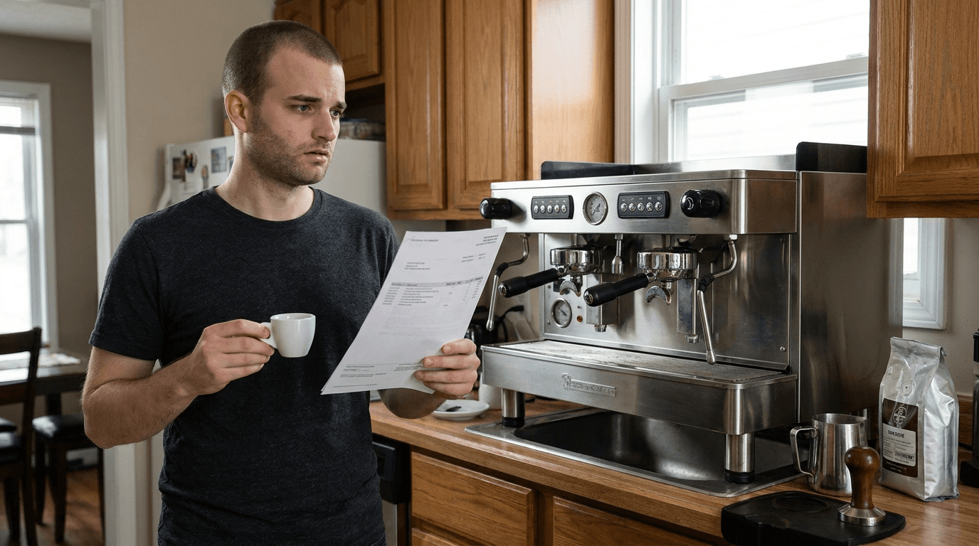 Doug stands in a kitchen beside a large unbranded espresso machine holding a credit card bill and a small cup of espresso.