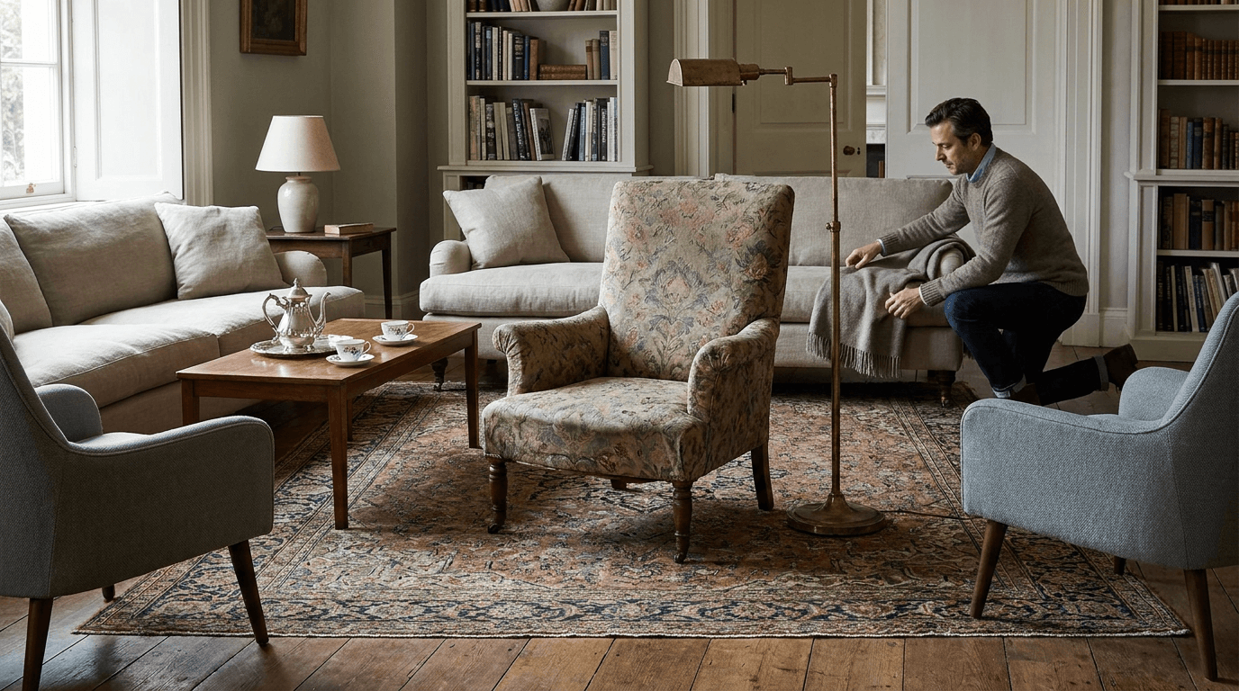 A formal living room is arranged around one returned chair while lamps and sofas face it cautiously.