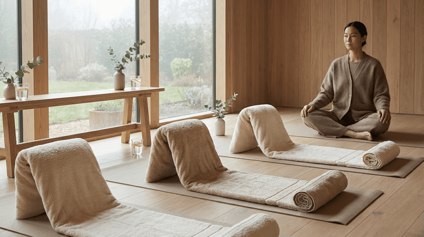 Bath towels are arranged on yoga mats in a quiet wellness room with water glasses and soft morning light.