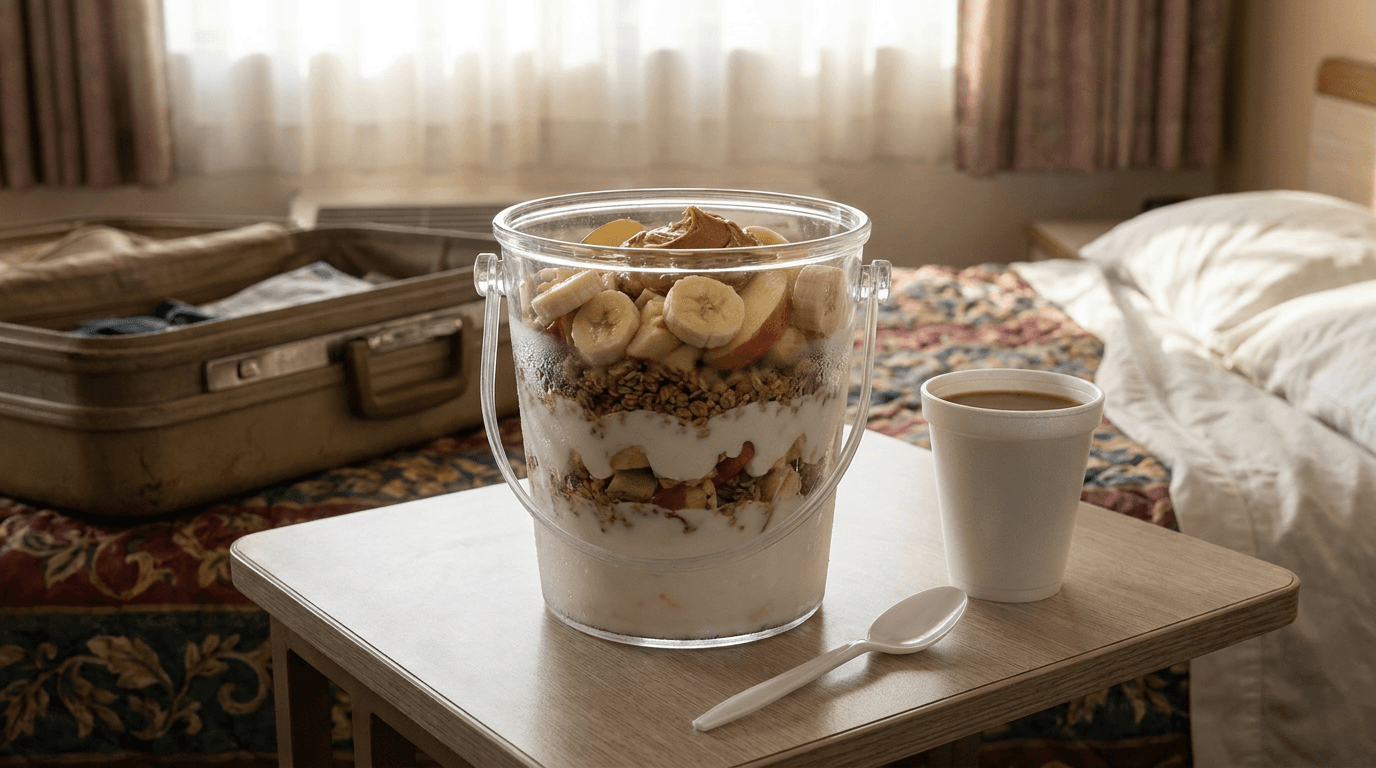 A motel room breakfast is assembled with yogurt, cereal, fruit, peanut butter, and a clean ice bucket.