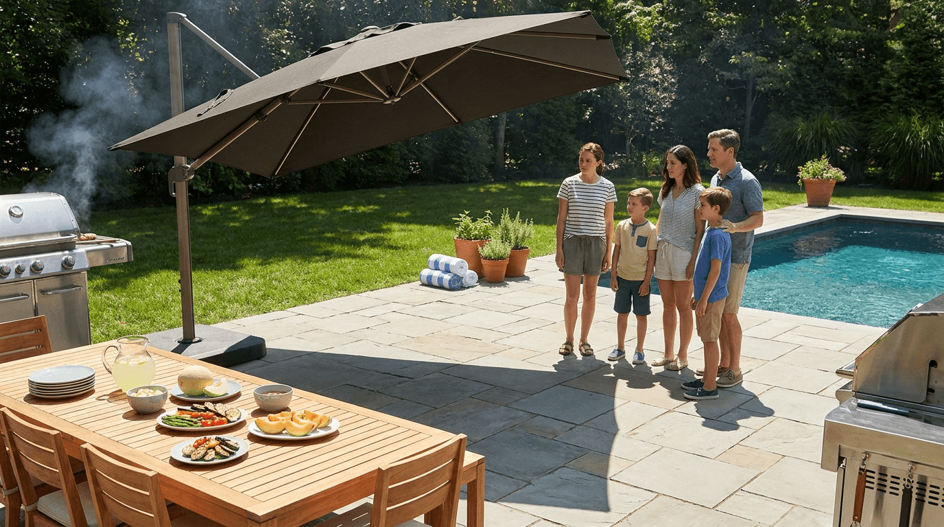 A patio umbrella casts shade away from a family table during a bright backyard meal.