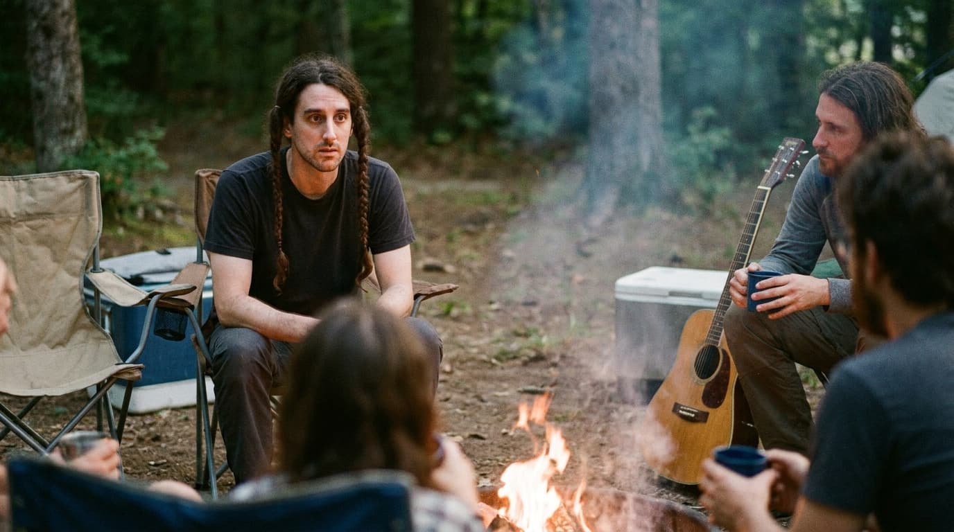 Phil sits at the edge of a calm campfire circle with two long braids while people listen to a guitar nearby.